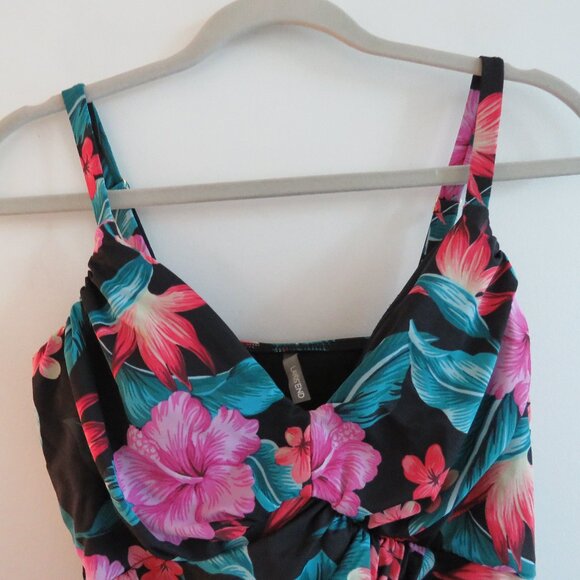 LAND'S END Tropical Floral Ruched Slimming One Piece Swimsuit Black Pink - Sz 14 - Picture 4 of 15